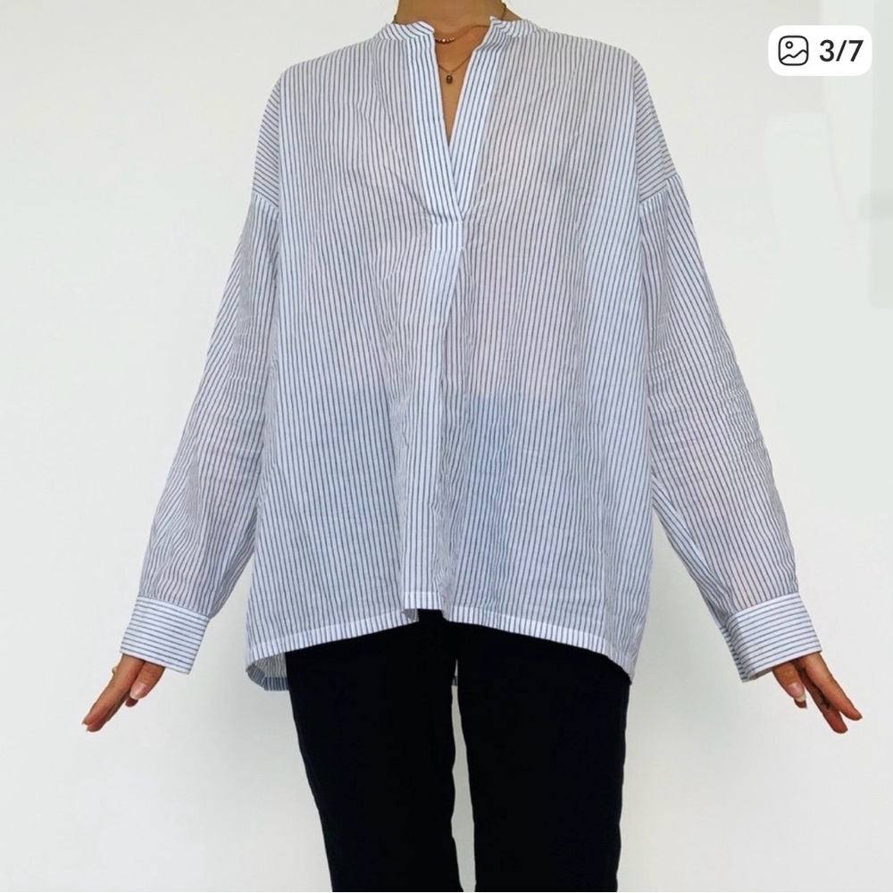 Vince Striped Long-Sleeve Band Collar Shirt - Light Blue size S